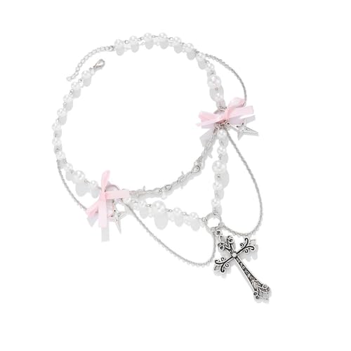 MHADBKH Punk Styles Halskette Verstellbare Punk Kreuze Bowknot Halskette mit Perlen für Trendsetter, as described, Metall, Kein Edelstein von MHADBKH