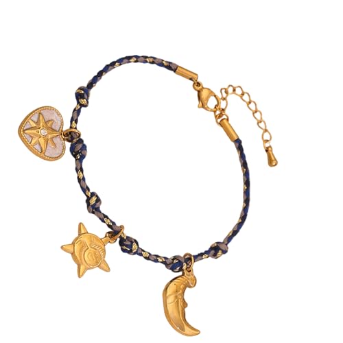 MHADBKH Stilvolle geflochtene Kordel Sonne Mond Stern Anhänger Armband stabiler Edelstahl Schmuck Accessoire für Frauen, 30, Edelstahl, geflochtenes Seil, Kein Edelstein von MHADBKH