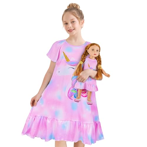 MHJY Nachthemd Mädchen Puppe und Kind Nachtkleid Kurzärmeliges Prinzessinnen Nachtwäsche Einhorn Weicher Nachthemden 4-10 Jahre von MHJY