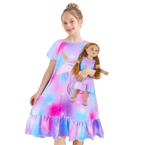 MHJY Nachthemd Mädchen Puppe und Kind Nachtkleid Kurzärmeliges Prinzessinnen Nachtwäsche Einhorn Weicher Nachthemden 4-10 Jahre von MHJY