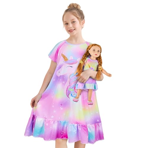MHJY Nachthemd Mädchen Puppe und Kind Nachtkleid Kurzärmeliges Prinzessinnen Nachtwäsche Einhorn Weicher Nachthemden 4-10 Jahre von MHJY