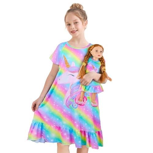 MHJY Nachthemd Mädchen Puppe und Kind Nachtkleid Kurzärmeliges Prinzessinnen Nachtwäsche Einhorn Weicher Nachthemden 4-10 Jahre von MHJY
