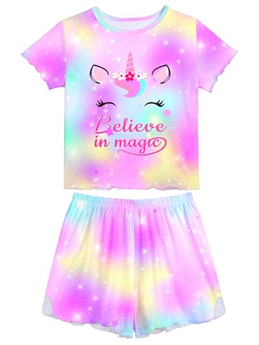 MHJY Schlafanzug Mädchen Kurz Pyjama Mädchen mit Rüschen, Kurzar Schlafanzug Kinder 3 bis 10 Jahren mit Einhorn-Motiv, 2-teiliges Set aus Kurze Hose und Sommer Tops Bequeme Nachtwäsche von MHJY
