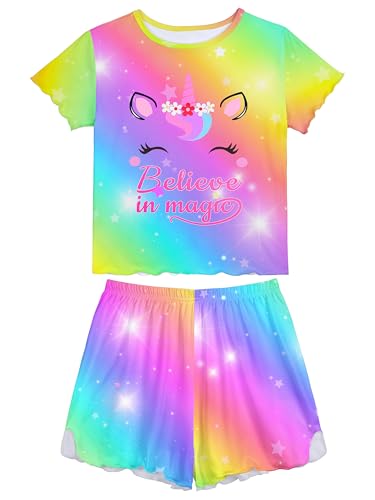 MHJY Schlafanzug Mädchen Kurz Pyjama Mädchen mit Rüschen, Kurzar Schlafanzug Kinder 3 bis 10 Jahren mit Einhorn-Motiv, 2-teiliges Set aus Kurze Hose und Sommer Tops Bequeme Nachtwäsche von MHJY