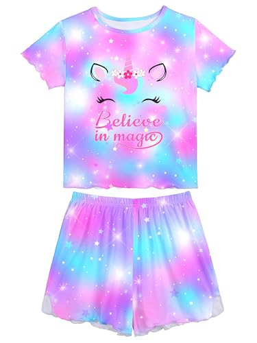 MHJY Schlafanzug Mädchen Kurz Pyjama Mädchen mit Rüschen, Kurzar Schlafanzug Kinder 3 bis 10 Jahren mit Einhorn-Motiv, 2-teiliges Set aus Kurze Hose und Sommer Tops Bequeme Nachtwäsche von MHJY