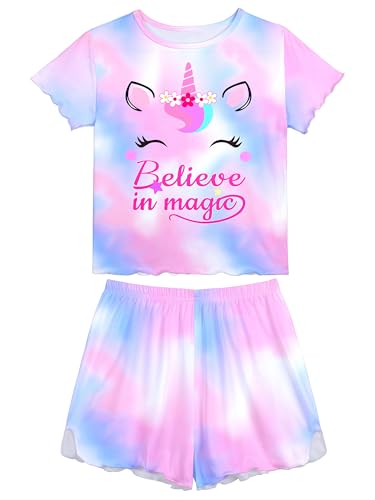 MHJY Schlafanzug Mädchen Kurz Pyjama Mädchen mit Rüschen, Kurzar Schlafanzug Kinder 3 bis 10 Jahren mit Einhorn-Motiv, 2-teiliges Set aus Kurze Hose und Sommer Tops Bequeme Nachtwäsche von MHJY