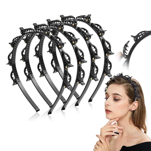 4 Stück Premium Haarbänder mit Mädchen, Haarreifen mit Klammern Halt für Pony & Locken Twist-Styling Stirnband für Damen & Mädchen Haarreifen mit Sicherheitsklammern in Schwarz von MHMondawn