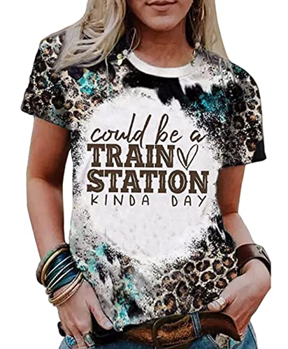 Could Be A Train Station Kinda Day Damen Casual O-Neck Kurzarm Top Lustiges Monogramm Print Lustiges Design T-Shirt Shirt, Leopard-1, X-Groß von MHTOR