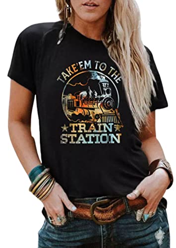 Go Ahead I'll Take You To The Train Station Shirt Frauen Vintage Zug Lustig Sarkastisch Spruch Shirt Casual O-Neck Tops, Schwarz, X-Groß Go Ahead I'll Take You To The Train Station Shirt Frauen Vintage Zug Lustig Sarkastisch Spruch Shirt Casual O-Neck Tops, Schwarz, X-Groß von MHTOR