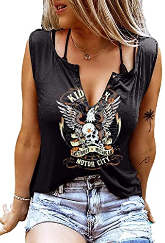 Kid Rock Skelett Adler Tanktop für Damen, Vintage, ärmellos, Country-Musik-T-Shirt, sexy V-Ausschnitt, Konzert-Oberteile, Schwarz, Klein von MHTOR