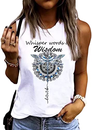 MHTOR Whisper Words of Wisdom Libelle Tank Sommer Casual Strand Camping Party Damen Lose Ärmelloses Top T-Shirt Weste, Weiss/opulenter Garten, Klein von MHTOR