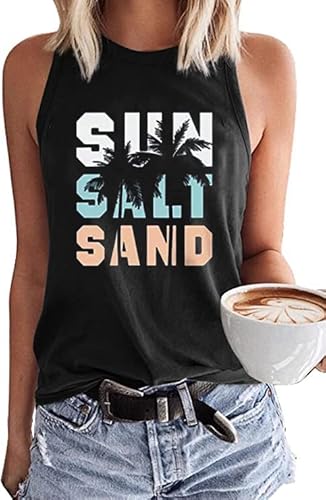 Sonnensalz, Sand, Strand, Kokosbaum, Tank für Frauen, Sommer, lässig, ärmellos, Urlaub, Strand, Workout, Tank Tops, Schwarz, Klein von MHTOR