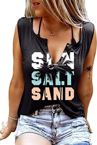 Sonnensalz, Sand, Strand, Kokosbaum, Tank für Frauen, Sommer, lässig, ärmellos, Urlaub, Strand, Workout, Tank Tops, Schwarz-1, Klein von MHTOR