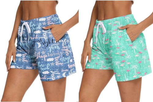 MIA LUCCE Damen Kurz Schlafanzughose-Pyjamahose Damen mit Doppelseitige Taschen 2 Pack(Large,green flamingo+blue alphabet) von MIA LUCCE