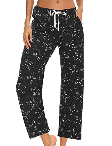 MIA LUCCE Damen Schlafanzughose Lang-Leicht Sommerhose Yogahose Pyjamahose fur Frauen(Großes,schwarze Katze) von MIA LUCCE