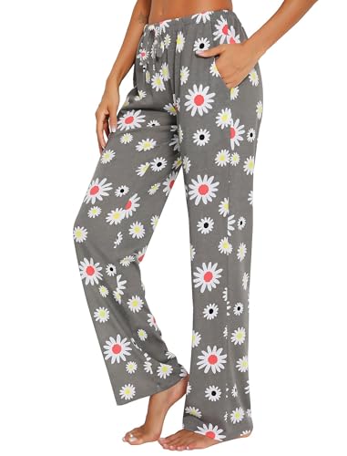 MIA LUCCE Damen Schlafanzughose Lang-Leicht Sommerhose Yogahose Pyjamahose fur Frauen(Graue Blume,XL) von MIA LUCCE