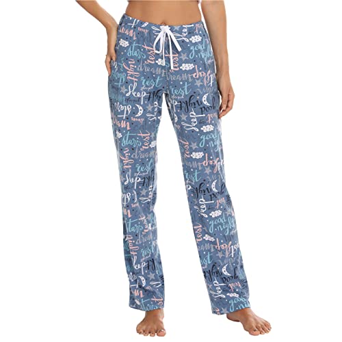 MIA LUCCE Damen Schlafanzughose Lang-Leicht Sommerhose Yogahose Pyjamahose fur Frauen(Blaues Alphabet,L) von MIA LUCCE