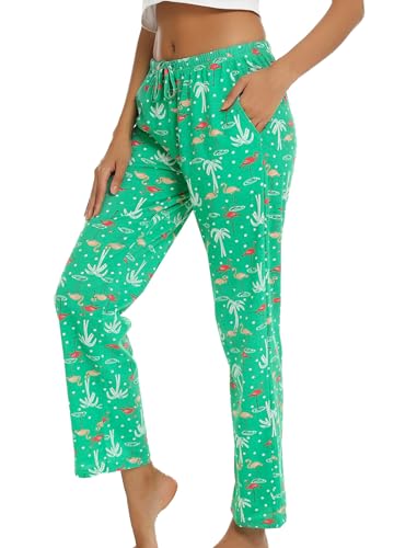 MIA LUCCE Damen Schlafanzughose Lang-Leicht Sommerhose Yogahose Pyjamahose fur Frauen(Grüner Flamingo,XXL) von MIA LUCCE