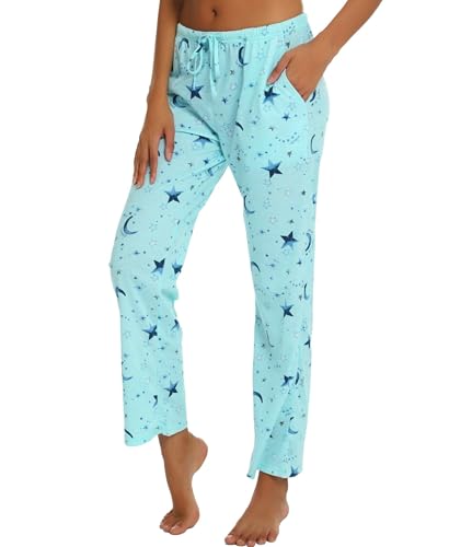 MIA LUCCE Damen Schlafanzughose Lang-Leicht Sommerhose Yogahose Pyjamahose fur Frauen(Hellblauer Stern,XXL) von MIA LUCCE