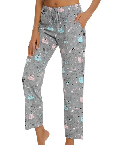 MIA LUCCE Damen Schlafanzughose Lang-Leicht Sommerhose Yogahose Pyjamahose fur Frauen(Graue Eule,M) von MIA LUCCE