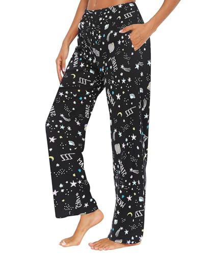 MIA LUCCE Damen Schlafanzughose Lang-Leicht Sommerhose Yogahose Pyjamahose fur Frauen(Schwarzer Stern,L) von MIA LUCCE