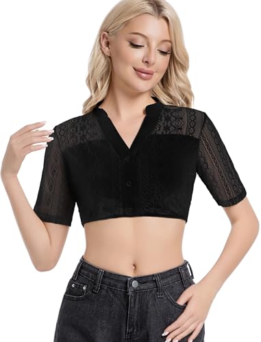 MIA LUCCE Dirndl Bluse Damen Dirndlbluse Schwarz Elegante Stretch Spitzenbluse Trachtenbluse Damen für Oktoberfest Dirndlbluse Spitze V Ausschnitt 34-50 von MIA LUCCE