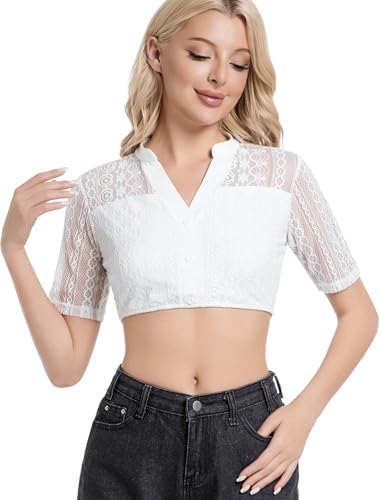 MIA LUCCE Dirndl Bluse Damen Dirndlbluse Weiß Elegante Stretch Spitzenbluse Trachtenbluse Damen für Oktoberfest Dirndlbluse Spitze V Ausschnitt 34-50 von MIA LUCCE