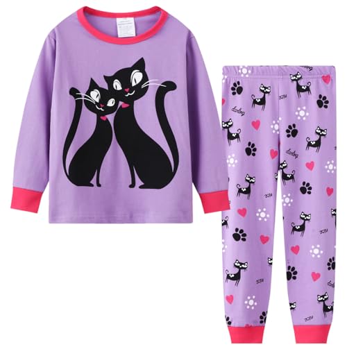 MIA LUCCE Mädchen Scalafanzug Baumwolle Langarm-Warm Winter Kinder Pyjama-Zweiteilig Nachtwäsche 98-122(110,lila kätzchen) von MIA LUCCE