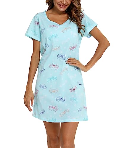 MIA LUCCE Nachthemd Damen Kurz-Baumwolle Schlafshirt Kurzarm-Sommer Schlafhemd Nachtwäsche für Lounge(Groß,Blauer Schmetterling) von MIA LUCCE