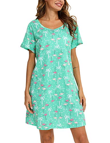 MIA LUCCE Nachthemd Damen Kurz-Baumwolle Schlafshirt Kurzarm-Sommer Schlafhemd Nachtwäsche für Lounge(Groß,Grüner Flamingo) von MIA LUCCE