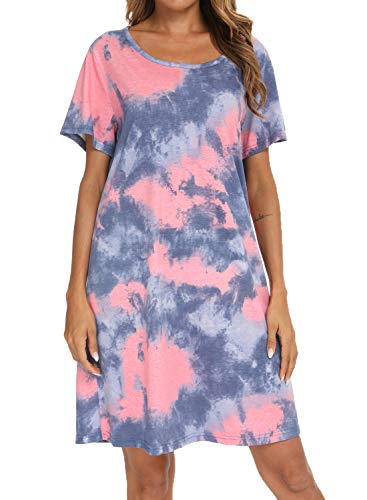 MIA LUCCE Nachthemd Damen Kurz-Baumwolle Schlafshirt Kurzarm-Sommer Schlafhemd Nachtwäsche für Lounge(Groß,blau rot Tiedye) von MIA LUCCE