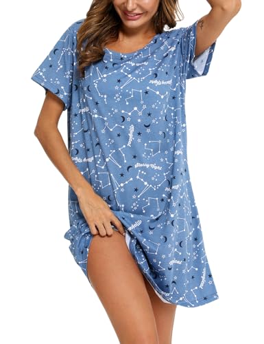 MIA LUCCE Nachthemd Damen Kurz-Baumwolle Schlafshirt Kurzarm-Sommer Schlafhemd Nachtwäsche für Lounge(Mittel,Blauer Stern) von MIA LUCCE