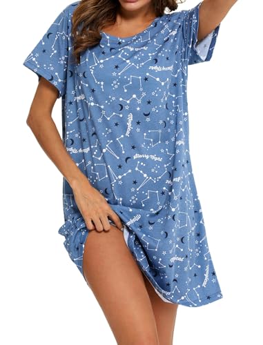 MIA LUCCE Nachthemd Damen Kurzarm Schlafshirt Baumwolle Nachtwäsche Nachthemden Nachtkleid Schlafkleid Kurz Sleepshirt mit Druck und Rundhalsausschnitt von MIA LUCCE