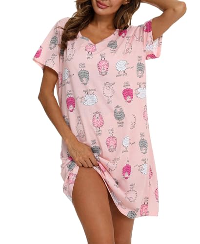MIA LUCCE Nachthemd Damen Kurzarm Schlafshirt Baumwolle Nachtwäsche Nachthemden Nachtkleid Schlafkleid Kurz Sleepshirt mit Druck und Rundhalsausschnitt von MIA LUCCE