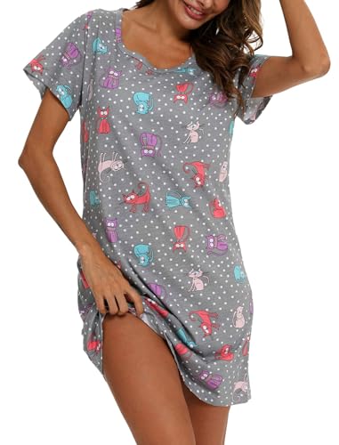 MIA LUCCE Nachthemd Damen Kurzarm Schlafshirt Baumwolle Nachtwäsche Nachthemden Nachtkleid Schlafkleid Kurz Sleepshirt mit Druck und Rundhalsausschnitt von Mialucce