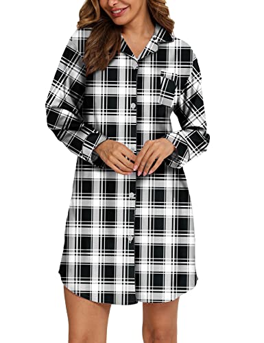 MIA LUCCE Nachthemd Damen - Langarm Flanell Schlaf Shirt Knöpfen Nachtwäsche Lang(X-Large,schwarzes Gitter) von MIA LUCCE