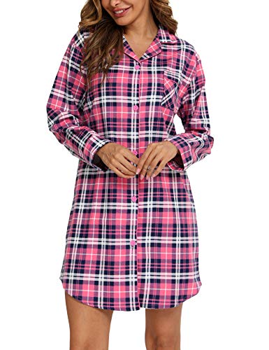 MIA LUCCE Nachthemd Damen - Langarm Flanell Schlaf Shirt Knöpfen Nachtwäsche Lang(XX-Large,rotes Gitter) von MIA LUCCE