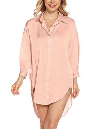 MIA LUCCE Nachthemd Damen Langarm-Satin Sexy Nachtwäsche Schlafshirt-Silly Nachtkleid fur Frau S-L(Mittel,Kirschrosa) von MIA LUCCE