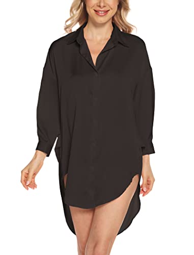 MIA LUCCE Nachthemd Damen Langarm-Satin Sexy Nachtwäsche Schlafshirt-Silly Nachtkleid fur Frau S-L(Mittel,schwarz) von MIA LUCCE