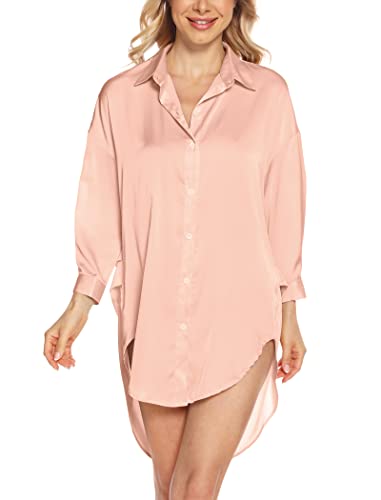 MIA LUCCE Nachthemd Damen Langarm-Satin Sexy Nachtwäsche Schlafshirt-Silly Nachtkleid fur Frau S-L(groß,Kirschrosa) von MIA LUCCE
