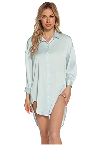 MIA LUCCE Nachthemd Damen Langarm-Satin Sexy Nachtwäsche Schlafshirt-Silly Nachtkleid fur Frau S-L(groß,Nebelblau) von MIA LUCCE