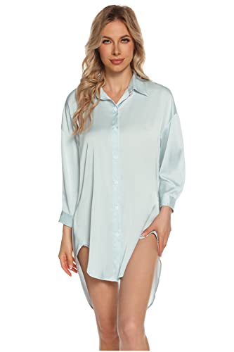 MIA LUCCE Nachthemd Damen Langarm-Satin Sexy Nachtwäsche Schlafshirt-Silly Nachtkleid fur Frau S-L(klein,Nebelblau) von MIA LUCCE