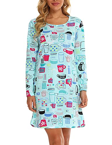 MIA LUCCE Nachthemd Damen - Langarm Schlafhemd Weiche Nachtwäsche Lang(XX-Large,Blaue Tasse) von MIA LUCCE