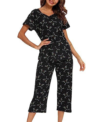 MIA LUCCE Schlafanzug Damen Zweiteiliger Pyjama Sommer Nachtwäsche Kurz Baumwolle Hausanzug Capri Sleepwear Oberteil und 3/4 Hose S-XXL von MIA LUCCE