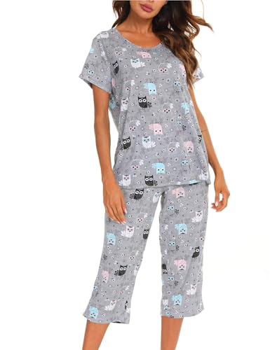MIA LUCCE Schlafanzug Damen Zweiteiliger Pyjama Sommer Nachtwäsche Kurz Baumwolle Hausanzug Capri Sleepwear Oberteil und 3/4 Hose S-XXL von MIA LUCCE