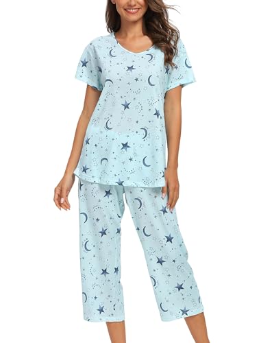 MIA LUCCE Schlafanzug Damen Zweiteiliger Pyjama Sommer Nachtwäsche Kurz Baumwolle Hausanzug Capri Sleepwear Oberteil und 3/4 Hose S-XXL von MIA LUCCE