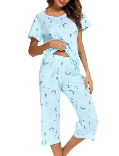 MIA LUCCE Schlafanzug Damen Zweiteiliger Pyjama Sommer Nachtwäsche Kurz Baumwolle Hausanzug Capri Sleepwear Oberteil und 3/4 Hose S-XXL von MIA LUCCE