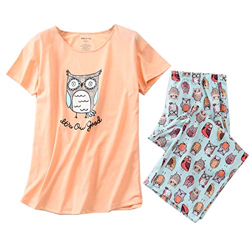 MIA LUCCE Schlafanzug Damen Zweiteiliger Pyjama Sommer Nachtwäsche Kurz Baumwolle Hausanzug Capri Sleepwear Oberteil und 3/4 Hose S-XXL von MIA LUCCE