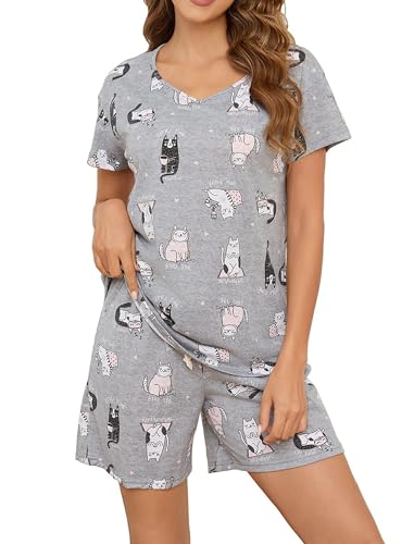 MIA LUCCE Schlafanzug Damen Kurz Baumwolle Nachtwäsche Zweiteiler Damen Sommer Pyjama Set Hausanzug Süße Muster Oberteil und Schlafshort Sleepshirt Loungewear mit Rundhals/V-Hals S-XXL von MIA LUCCE