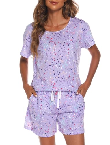 MIA LUCCE Schlafanzug Damen Kurz Baumwolle Nachtwäsche Zweiteiler Damen Sommer Pyjama Set Hausanzug Süße Muster Oberteil und Schlafshort Sleepshirt Loungewear mit Rundhals/V-Hals S-XXL von MIA LUCCE